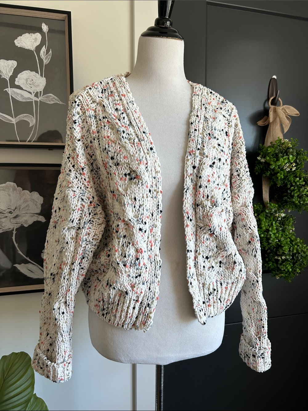 🌺 S crop baggy long sleeve Open-Front Cream coral looks hand Knit Cardigan